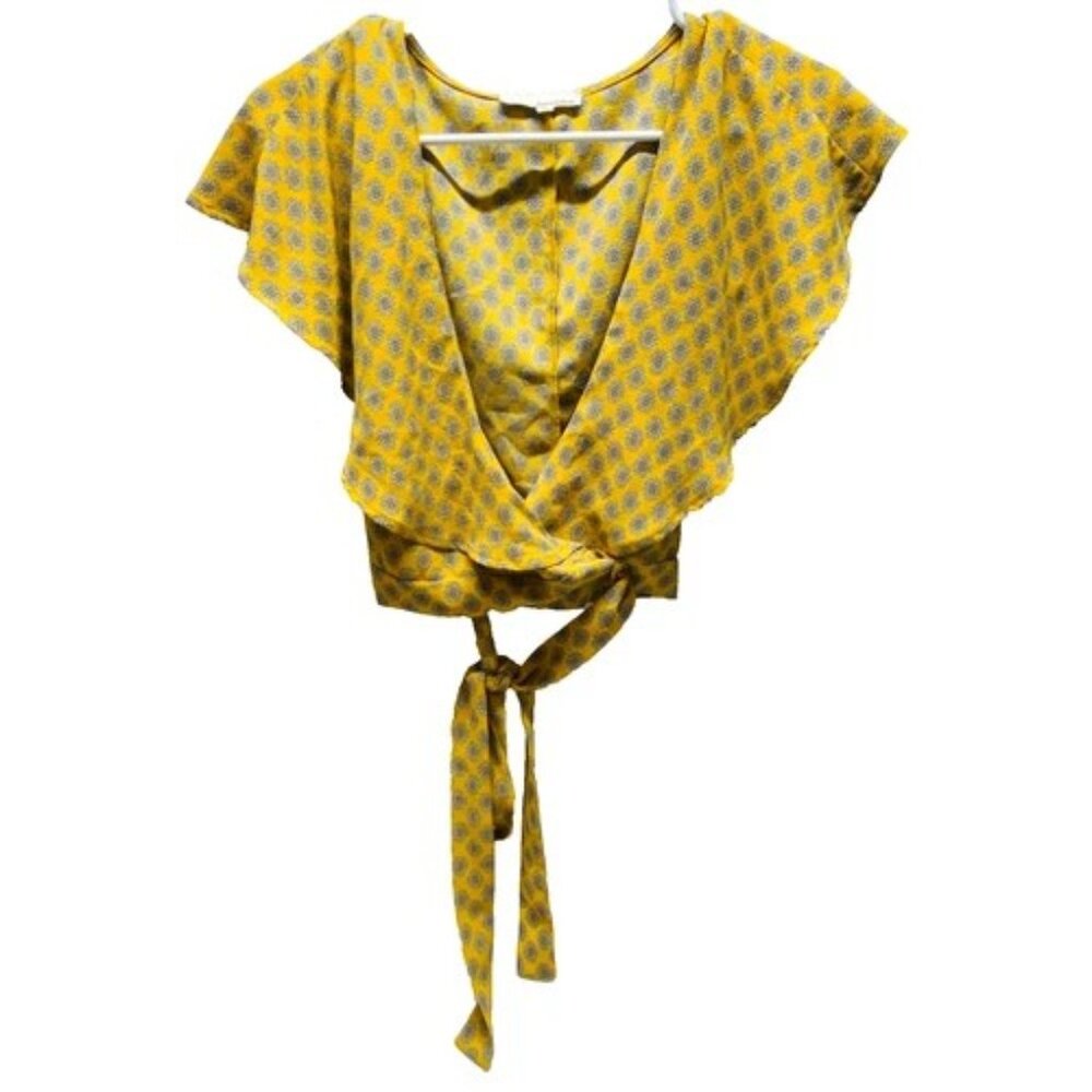 june‎ & hudson Summer Top Women's Small Yellow Floral Open Front Tie Wrap Blouse